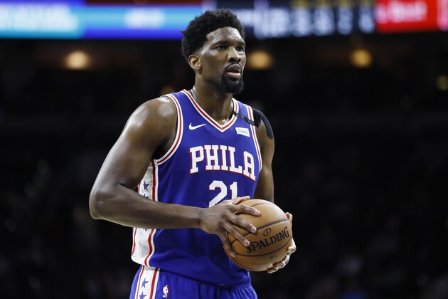 Philadelphia 76ers' Joel Embiid plays during an NBA basketball game against the Detroit Pistons, Wednesday, March 11, 2020, in Philadelphia. (AP Photo/Matt Slocum)