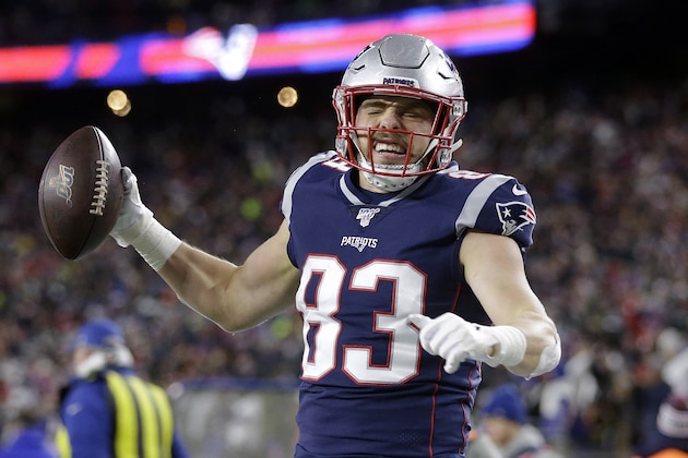 New England Patriots tight end Matt LaCosse celebrates his touchdown catch in the first half of an NFL football game against the Buffalo Bills, Saturday, Dec. 21, 2019, in Foxborough, Mass. The touchdown pass by quarterback Tom Brady was the 539th of his career, tying Peyton Manning for second all-time most touchdown passes by an NFL quarterback. (AP Photo/Steven Senne)