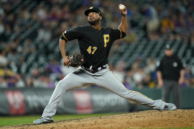 Pittsburgh Pirates relief pitcher Francisco Liriano throws against the Colorado Rockies during the eighth inning of an MLB baseball game, Friday, August 30, 2019, in Denver. (AP Photo/Jack Dempsey)
