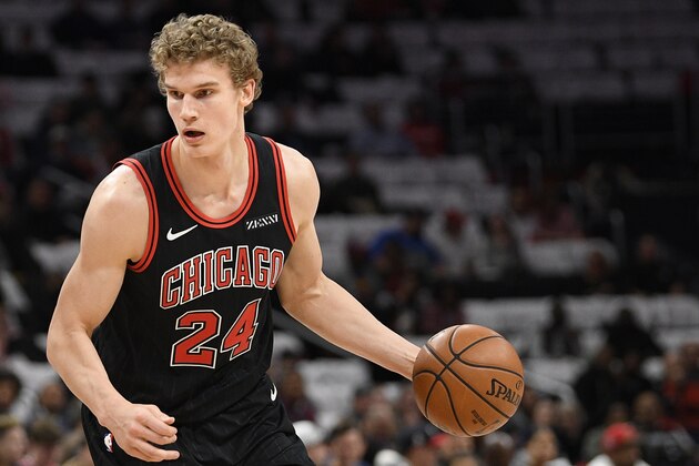 Chicago Bulls forward Lauri Markkanen (24) dribbles the ball during the first half of an NBA basketball game against the Washington Wizards, Wednesday, Dec. 18, 2019, in Washington. (AP Photo/Nick Wass)