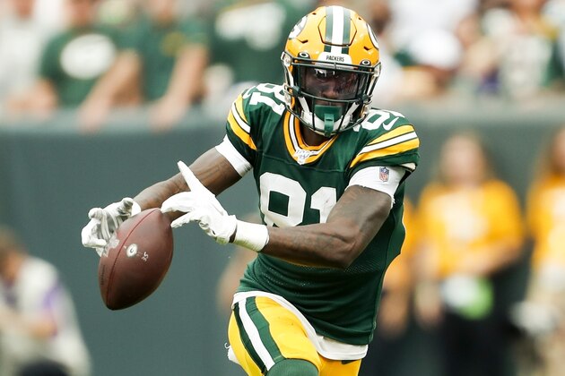 Green Bay Packers' Geronimo Allison catches a pass during the first half of an NFL football game against the Minnesota Vikings Sunday, Sept. 15, 2019, in Green Bay, Wis. (AP Photo/Matt Ludtke)