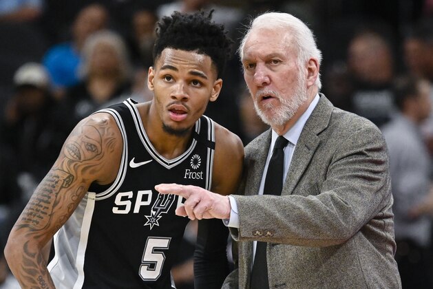 San Antonio Spurs head coach Gregg Popovich, right, talks with guard Dejounte Murray during the second half of an NBA basketball game against the Indiana Pacers, Monday, March 2, 2020, in San Antonio. (AP Photo/Darren Abate)