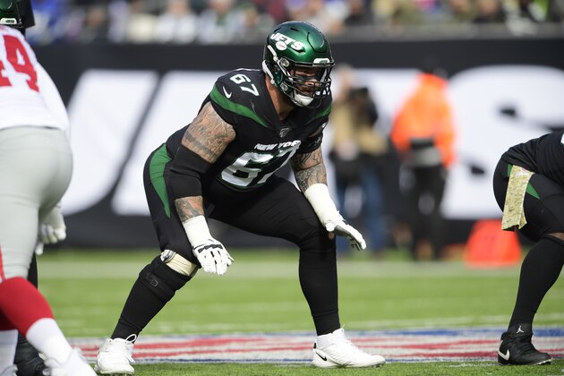 New York Jets offensive guard Brian Winters (67) during the first half of an NFL football game against the New York Giants Sunday, Nov. 10, 2019, in East Rutherford, N.J. (AP Photo/Steven Ryan) New York Jets offensive guard Brian Winters (67) during the first half of an NFL football game against the New York Giants Sunday, Nov. 10, 2019, in East Rutherford, N.J. (AP Photo/Steven Ryan)