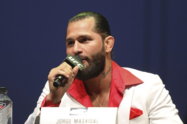 Jorge Masvidal speaks at a news conference for the UFC 244 mixed martial arts event, Thursday, Sept. 19, 2019, in New York. Masvidal is scheduled to fight Diaz Saturday, November 2 at Madison Square Garden. (AP Photo/Gregory Payan)