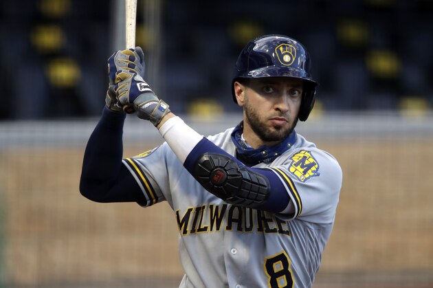 Milwaukee Brewers' Ryan Braun warms up on deck during the first inning of a baseball game against the Pittsburgh Pirates in Pittsburgh, Tuesday, July 28, 2020. (AP Photo/Gene J. Puskar)