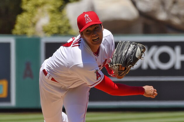 Los Angeles Angels pitcher Shohei Ohtani, of Japan, follows through during the second inning of a baseball game against the Houston Astros Sunday, Aug. 2, 2020, in Anaheim, Calif. (AP Photo/Mark J. Terrill)