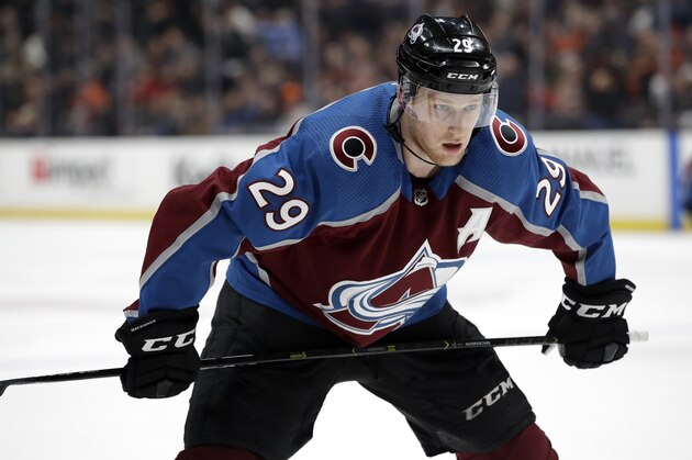 Colorado Avalanche's Nathan MacKinnon during the first period of an NHL hockey game against the Anaheim Ducks Friday, Feb. 21, 2020, in Anaheim, Calif. (AP Photo/Marcio Jose Sanchez)