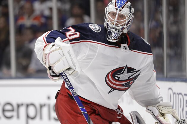 Columbus Blue Jackets goaltender Joonas Korpisalo during the second period of an NHL hockey game against the New York Islanders Monday, Dec. 23, 2019, in Uniondale, N.Y. (AP Photo/Frank Franklin II)
