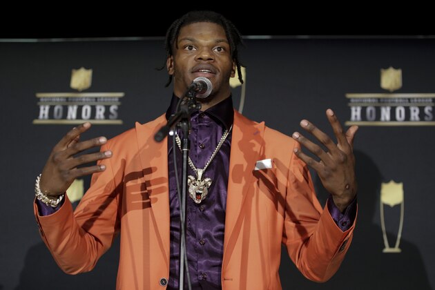Baltimore Ravens' Lamar Jackson speaks after winning the AP Most Valuable Player award at the NFL Honors football award show Saturday, Feb. 1, 2020, in Miami. (AP Photo/Patrick Semansky)