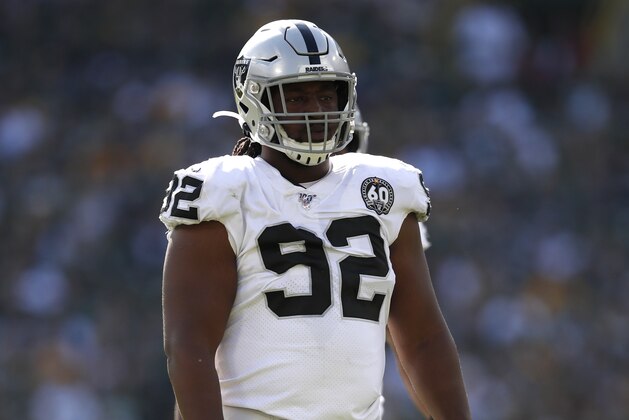 Oakland Raiders defensive tackle P.J. Hall (92) lines up against the Green Bay Packers during an NFL football game Sunday, Oct. 20, 2019, in Green Bay, Wis. The Packers won the game 42-24. (Jeff Haynes/AP Images for Panini)