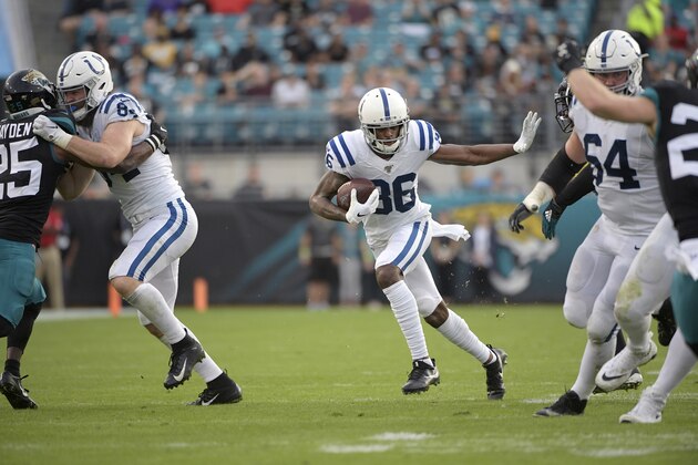 Indianapolis Colts wide receiver Dontrelle Inman (86) runs after catching a pass during the first half of an NFL football game against the Jacksonville Jaguars Sunday, Dec. 29, 2019, in Jacksonville, Fla. (AP Photo/Phelan M. Ebenhack)