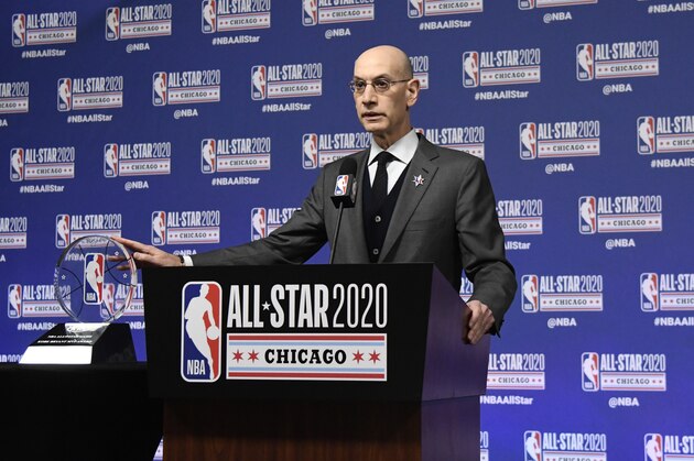 NBA Commissioner Adam Silver unveils the NBA All-Star Game Kobe Bryant MVP Award during a news conference Saturday, Feb. 15, 2020, in Chicago. (AP Photo/David Banks)