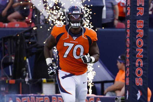 Denver Broncos offensive tackle Ja'Wuan James (70) takes the field during an NFL preseason football game between the Denver Broncos and the San Francisco 49ers, Monday, Aug. 19, 2019, in Denver. (AP Photo/Jack Dempsey)