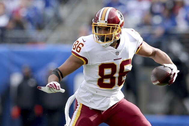 Washington Redskins tight end Jordan Reed (86) in action against the New York Giants during an NFL football game on Sunday, Oct. 28, 2018, in East Rutherford, N.J. (Brad Penner/AP Images for Panini)