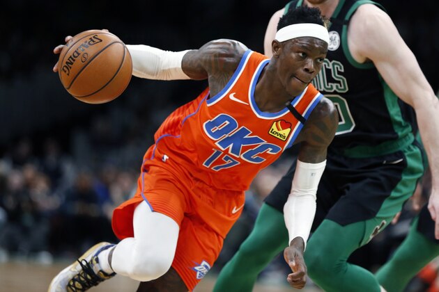 Oklahoma City Thunder's Dennis Schroder drives for the basket during the second half of an NBA basketball game against the Boston Celtics, Sunday, March, 8, 2020, in Boston. (AP Photo/Michael Dwyer)