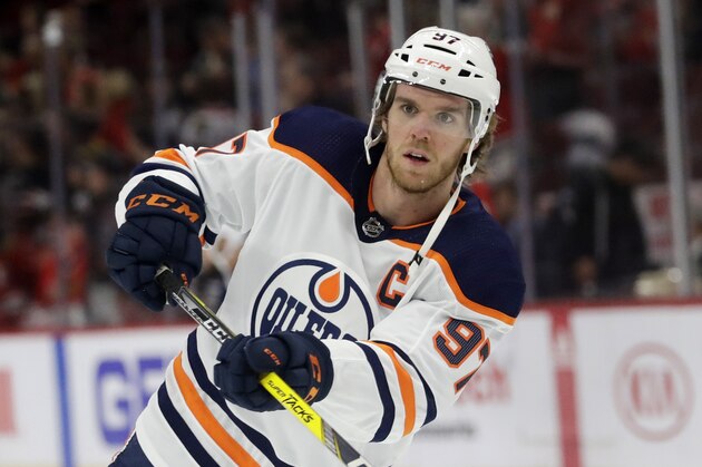 Edmonton Oilers center Connor McDavid warms up before an NHL hockey game against the Chicago Blackhawks in Chicago, Thursday, March 5, 2020. (AP Photo/Nam Y. Huh)