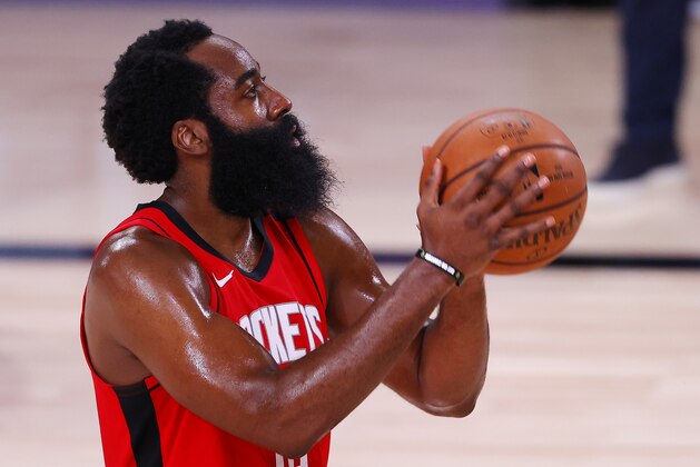 Houston Rockets' James Harden shoots against the Milwaukee Bucks during an NBA basketball game Sunday, Aug. 2, 2020, in Lake Buena Vista, Fla. (Mike Ehrmann/Pool Photo via AP) Houston Rockets' James Harden shoots against the Milwaukee Bucks during an NBA basketball game Sunday, Aug. 2, 2020, in Lake Buena Vista, Fla. (Mike Ehrmann/Pool Photo via AP)