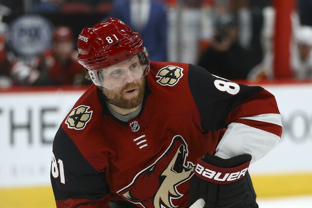 Arizona Coyotes right wing Phil Kessel skates to the puck during the second period of an NHL hockey game against the Calgary Flames Tuesday, Dec. 10, 2019 in Glendale, Ariz. (AP Photo/Ross D. Franklin)