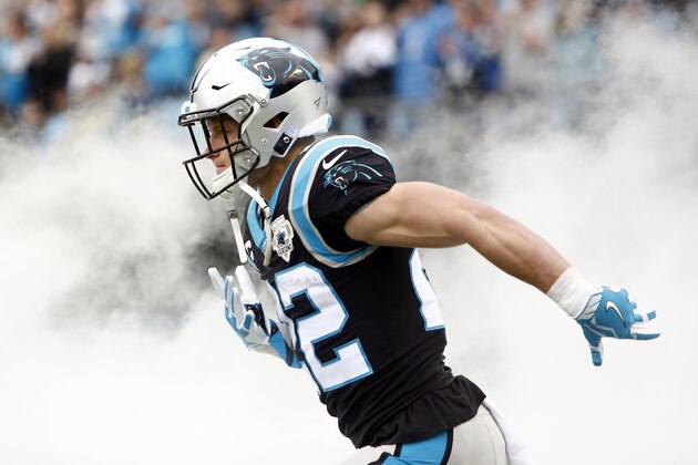 Carolina Panthers running back Christian McCaffrey (22) takes the field against the New Orleans Saints during the first half of an NFL football game in Charlotte, N.C., Sunday, Dec. 29, 2019. (AP Photo/Brian Blanco)