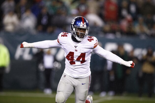 New York Giants linebacker Markus Golden in action during an NFL football game against the Philadelphia Eagles Monday, Dec. 9, 2019, in Philadelphia. (AP Photo/Matt Rourke)