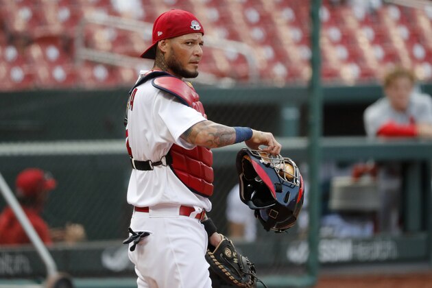 St. Louis Cardinals catcher Yadier Molina takes up his position during an intrasquad practice baseball game at Busch Stadium Thursday, July 9, 2020, in St. Louis. (AP Photo/Jeff Roberson)