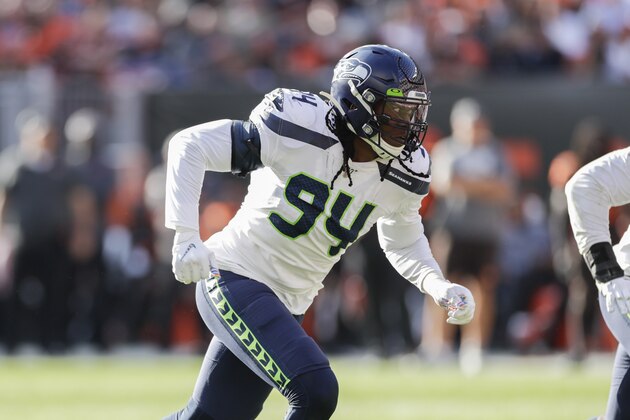 Seattle Seahawks defensive end Ezekiel Ansah plays against the Cleveland Browns during the second half of an NFL football game, Sunday, Oct. 13, 2019, in Cleveland. (AP Photo/Ron Schwane)