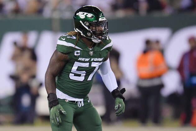 FILE - In this Oct. 21, 2019, file photo, New York Jets inside linebacker C.J. Mosley gets ready for a play by the New England Patriots during the first half of an NFL football in East Rutherford, N.J. Mosley is feeling healthy and ready to be a force again in the middle of the Jets' defense. The star middle linebacker missed almost all of last year in his first season with his new team because of a groin/core muscle injury. But, Mosley has been given a good report from the doctors, and expects to have no limitations during training camp. (AP Photo/Bill Kostroun, File)