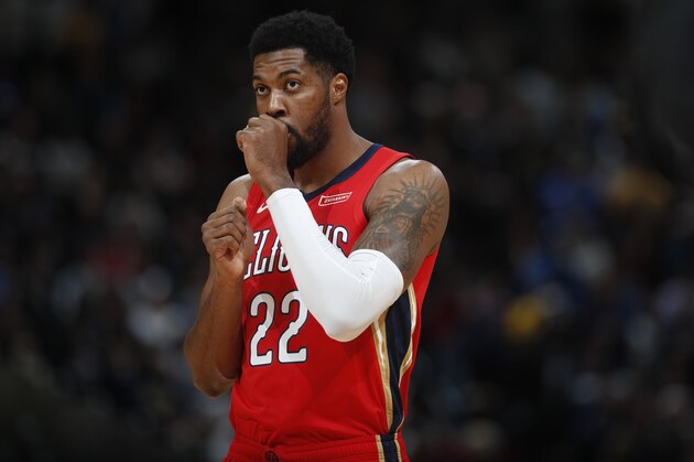 New Orleans Pelicans forward Derrick Favors (22) in the first half of an NBA basketball game Wednesday, Dec. 25, 2019, in Denver. (AP Photo/David Zalubowski)