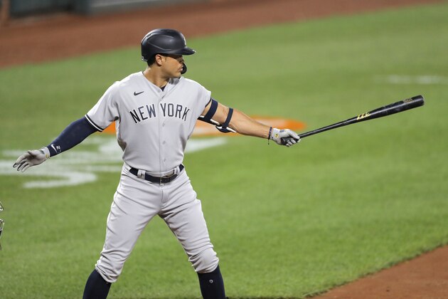 New York Yankees' Giancarlo Stanton waits for a pitch from the Baltimore Orioles during the fifth inning of a baseball game, Wednesday, July 29, 2020, in Baltimore. The Yankees won 9-3. (AP Photo/Julio Cortez)