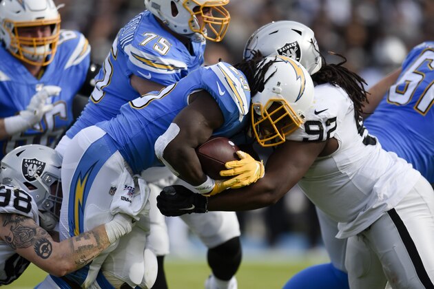 Los Angeles Chargers running back Melvin Gordon III, center, runs the ball while Oakland Raiders defensive tackle P.J. Hall, right, and defensive end Maxx Crosby defend during the first half of an NFL football game against the Oakland Raiders in Carson, Calif., Sunday, Dec. 22, 2019. (AP Photo/Kelvin Kuo)