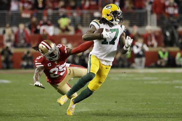 Green Bay Packers wide receiver Davante Adams breaks away form San Francisco 49ers cornerback Richard Sherman during the second half of the NFL NFC Championship football game Sunday, Jan. 19, 2020, in Santa Clara, Calif. (AP Photo/Marcio Jose Sanchez)