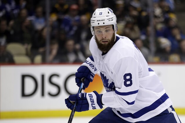 Toronto Maple Leafs' Jake Muzzin skates during the second period of the team's NHL hockey game against the Pittsburgh Penguins in Pittsburgh, Tuesday, Feb. 18, 2020. (AP Photo/Gene J. Puskar)