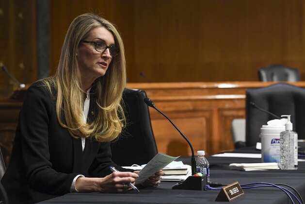 Sen. Kelly Loeffler, R-Ga., asking questions during a virtual Senate Committee for Health, Education, Labor, and Pensions hearing, Tuesday, May 12, 2020 on Capitol Hill in Washington.   (Toni L. Sandys/The Washington Post via AP, Pool)