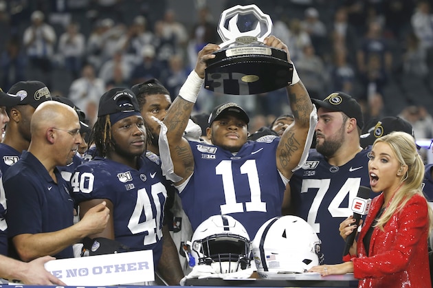 Penn State linebacker Micah Parsons (11) celebrates with his team following the 53-39 win over Memphis in an NCAA Cotton Bowl college football game, Saturday, Dec. 28, 2019, in Arlington, Texas. (AP Photo/Ron Jenkins)