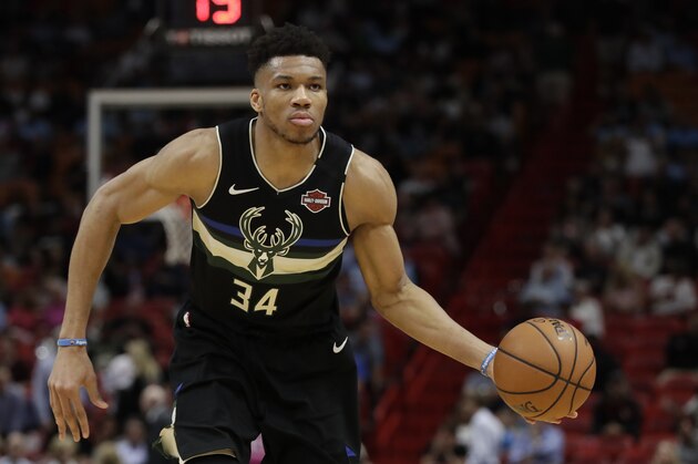 Milwaukee Bucks forward Giannis Antetokounmpo is shown during the second half of an NBA basketball game against the Miami Heat, Monday, March 2, 2020, in Miami. (AP Photo/Wilfredo Lee)