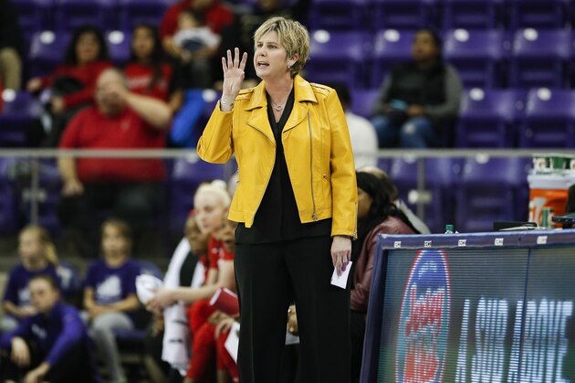 Texas Tech head coach Marlene Stollings shouts instructions to her players during an NCAA college basketball game against TCU, Wednesday, Jan. 16, 2019, in Fort Worth, Texas. TCU won 78-70. (AP Photo/Brandon Wade)