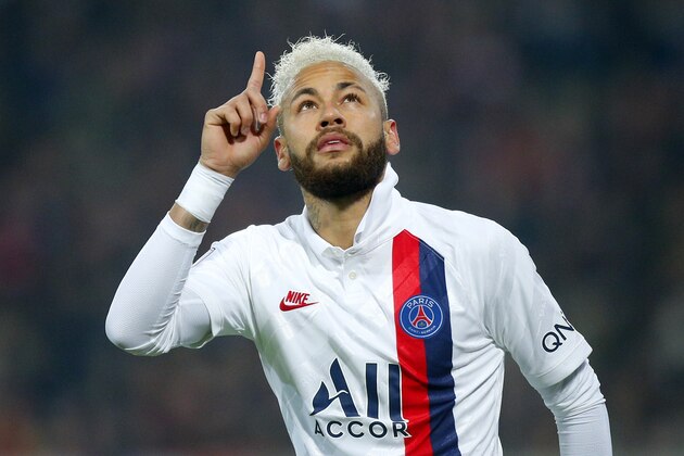 FILE - In this Jan.26, 2020 file photo, PSG's Neymar celebrates after scoring his side's second goal during the French League One soccer match between Lille and PSG at the Lille Metropole stadium, in Villeneuve d'Ascq, northern France. Paris Saint-Germain has been declared French league champion after the soccer season ended early because of the coronavirus pandemic. (AP Photo/Michel Spingler, File)