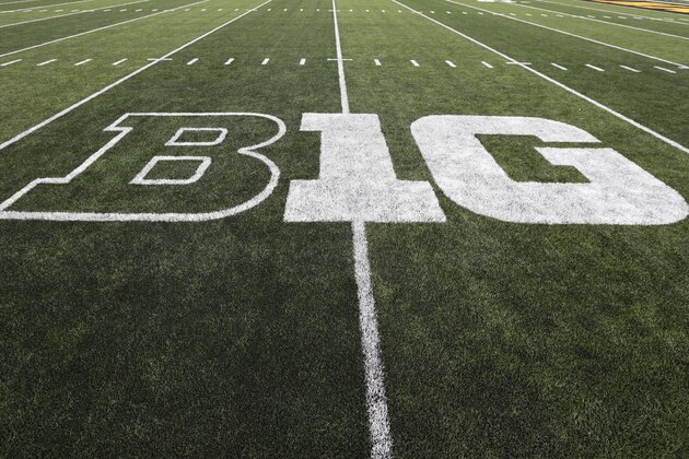 The Big Ten logo is seen on the field before an NCAA college football game between Iowa and Miami of Ohio, Saturday, Aug. 31, 2019, in Iowa City, Iowa. (AP Photo/Charlie Neibergall)