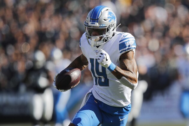 Detroit Lions wide receiver Kenny Golladay (19) runs toward the end zone to score against the Oakland Raiders during the first half of an NFL football game in Oakland, Calif., Sunday, Nov. 3, 2019. (AP Photo/John Hefti)