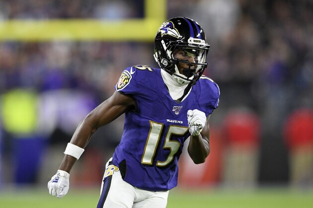 Baltimore Ravens wide receiver Marquise Brown (15) runs on the field during the first half an NFL divisional playoff football game against the Tennessee Titans, Saturday, Jan. 11, 2020, in Baltimore. (AP Photo/Nick Wass)