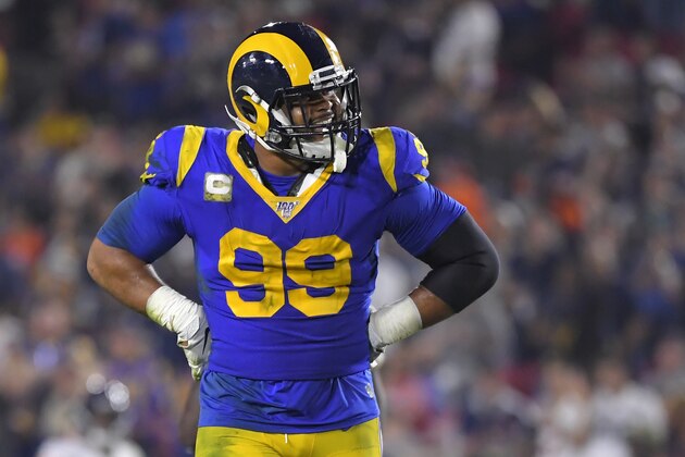 Los Angeles Rams defensive tackle Aaron Donald celebrates a sack during an NFL football game against the Chicago Bears Sunday, Nov. 17, 2019, in Los Angeles. (AP Photo/Mark J. Terrill)