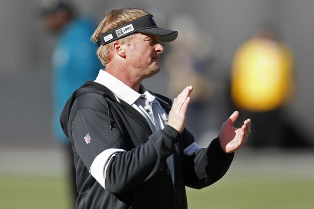 Oakland Raiders head coach Jon Gruden before the start of an NFL football game against the Jacksonville Jaguars in Oakland, Calif., Sunday, Dec. 15, 2019. (AP Photo/D. Ross Cameron)