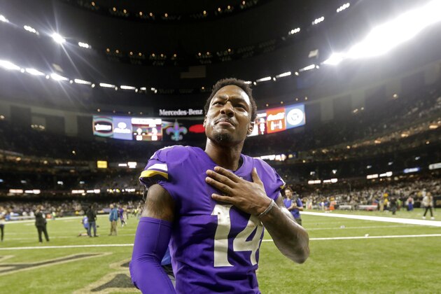 FILE - In this Jan. 5, 2020, file photo, Minnesota Vikings wide receiver Stefon Diggs (14) reacts in overtime of an NFL wild-card playoff football game against the New Orleans Saints in New Orleans. The Vikings won 26-20. Buffalo Bills general manager Brandon Beane made a bold move in the offseason by giving up four draft picks _ including the 22nd overall _ to acquire Stefon Diggs in a trade with the Minnesota Vikings. The Bills are left with seven picks over the final six rounds, starting with No. 54. (AP Photo/Brett Duke, File)