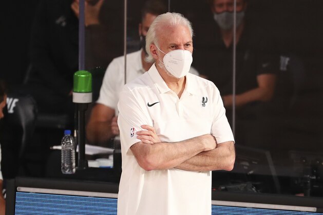 San Antonio Spurs head coach Gregg Popovich looks on during the first half of an NBA basketball game Wednesday, Aug. 5, 2020, in Lake Buena Vista, Fla. (Kim Klement/Pool Photo via AP)