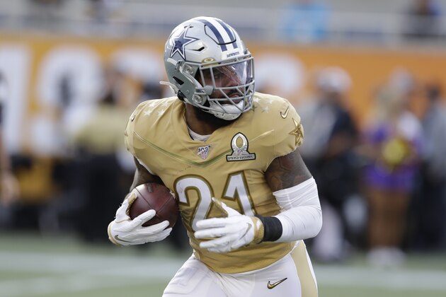NFC running back Ezekiel Elliott, of the Dallas Cowboys, (21) runs with the football, during the second half of the NFL Pro Bowl football game, Sunday, Jan. 26, 2020, in Orlando, Fla. The AFC defeated the NFC 38-33.(AP Photo/Chris O'Meara)