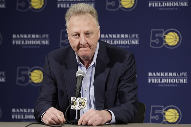 Larry Bird speaks after resigning from his position as Indiana Pacers president of basketball operations during a news conference Monday, May 1, 2017, in Indianapolis. (AP Photo/Darron Cummings)
