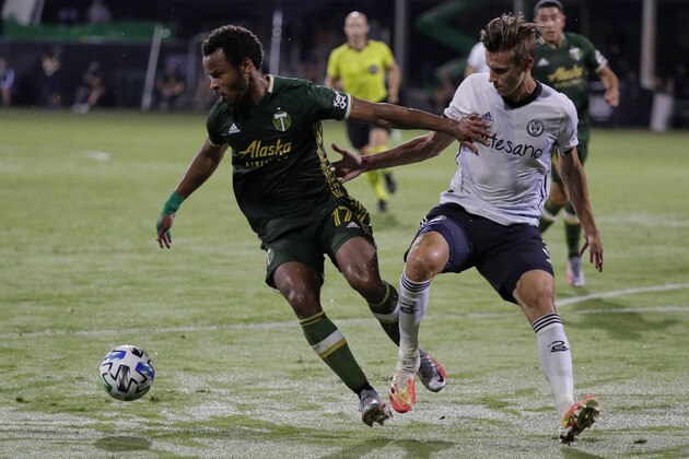 Portland Timbers forward Jeremy Ebobisse, left, and Philadelphia Union defender Jack Elliott vie for the ball during the first half of an MLS soccer match, Wednesday, Aug. 5, 2020, in Kissimmee, Fla. (AP Photo/John Raoux)