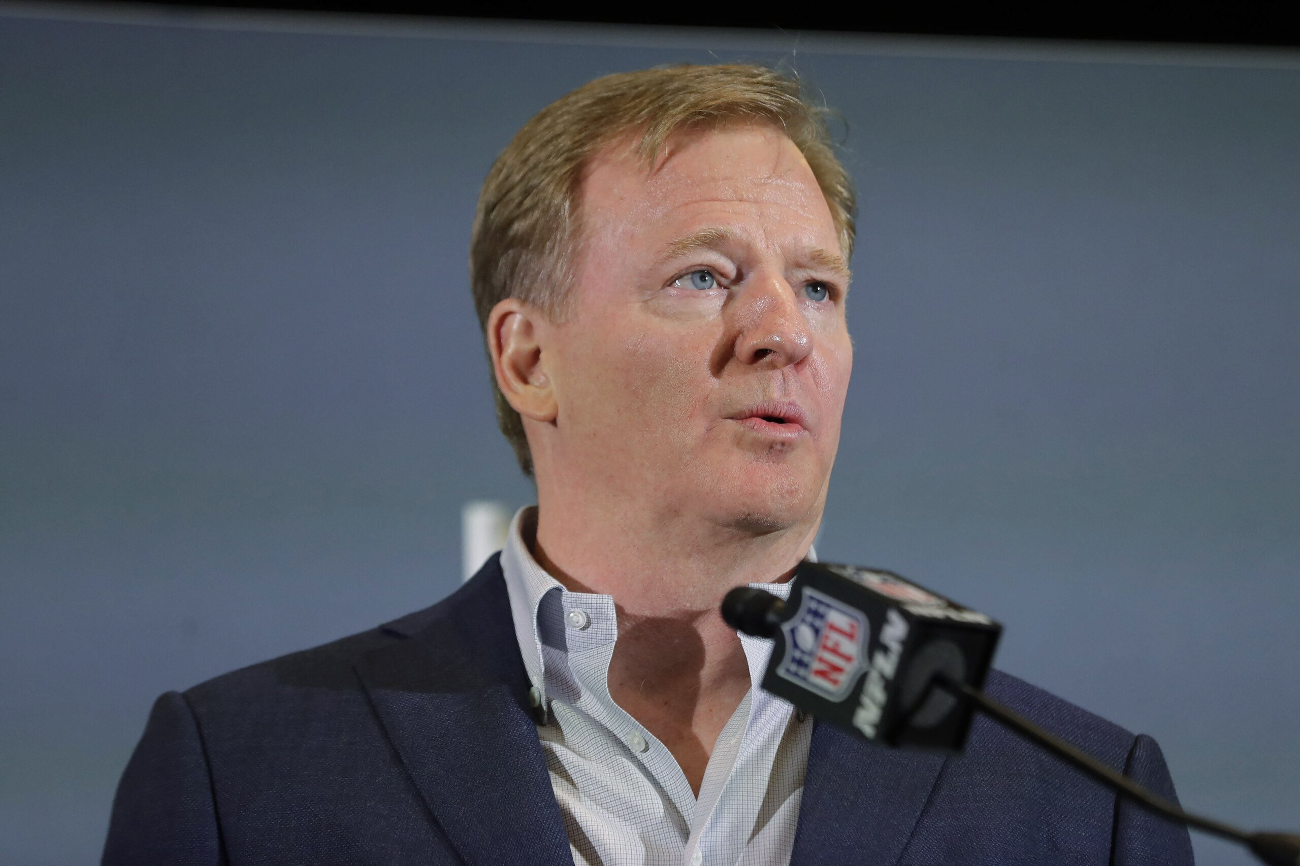 FILE - In this Feb. 3, 2020 file photo NFL Commissioner Roger Goodell speaks during a news conference in Miami. The NFL has set protocols for reopening team facilities and has told the 32 teams to have them in place by May 15. In a memo sent by Goodell and obtained Wednesday, May 6, 2020 by The Associated Press, several phases of the protocols were laid out. The first phase would involve a limited number of non-player personnel, initially 50 percent of the non-player employees (up to a total of 75) on any single day, being approved to be at the facility. But state or local regulations could require a lower number. (AP Photo/Brynn Anderson, file)