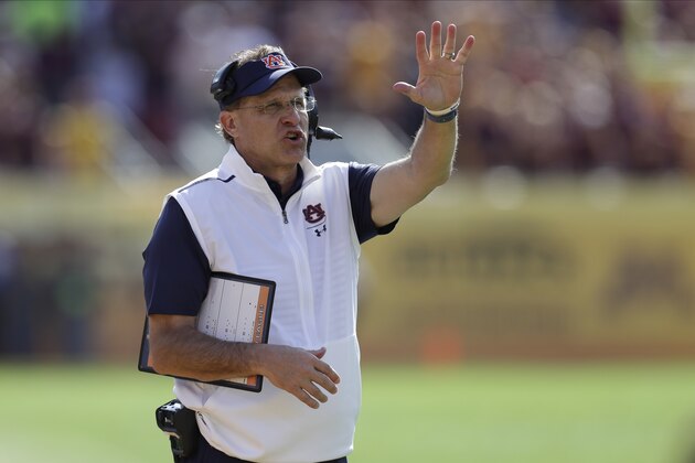 Auburn head coach Gus Malzahn during the first half of the Outback Bowl NCAA college football game against Minnesota Wednesday, Jan. 1, 2020, in Tampa, Fla. (AP Photo/Chris O'Meara)