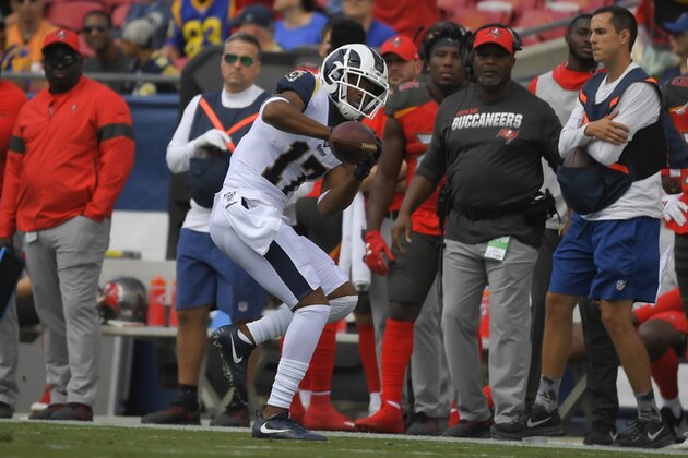 Los Angeles Rams wide receiver Robert Woods plays against the Tampa Bay Buccaneers during the first of an NFL football game Sunday, Sept. 29, 2019, in Los Angeles. (AP Photo/Mark J. Terrill)